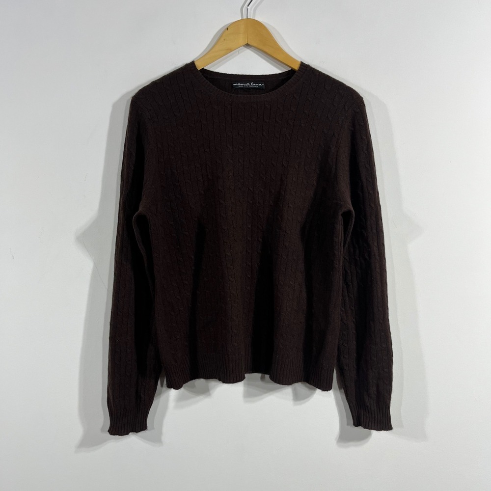 Marina Luna Quiet Luxury Cashmere Cable Knit Sweater Brown Crew Neck Medium